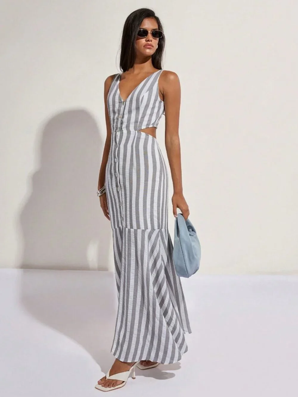 Multicolor Casual Women's striped hollow Back v-neck Mermaid maxi Dress vacay